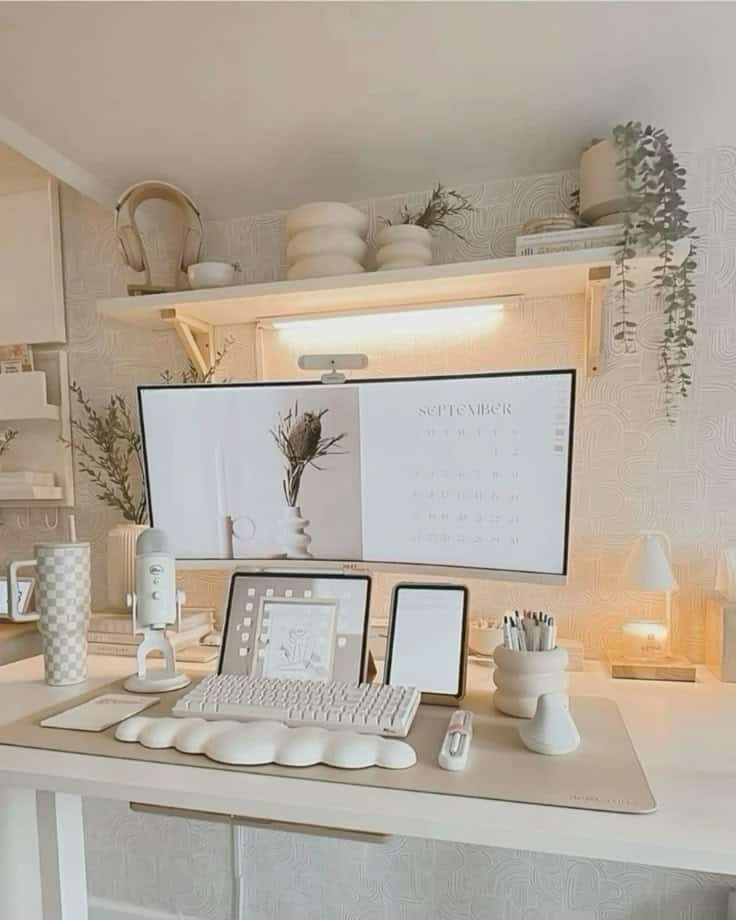 Minimalist workspace with stylish decor, cozy lighting, and modern tech setup including monitor, keyboard, and tablet.
