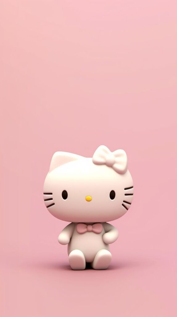 Cute cartoon cat with pink bowtie and ears sitting on pink background.