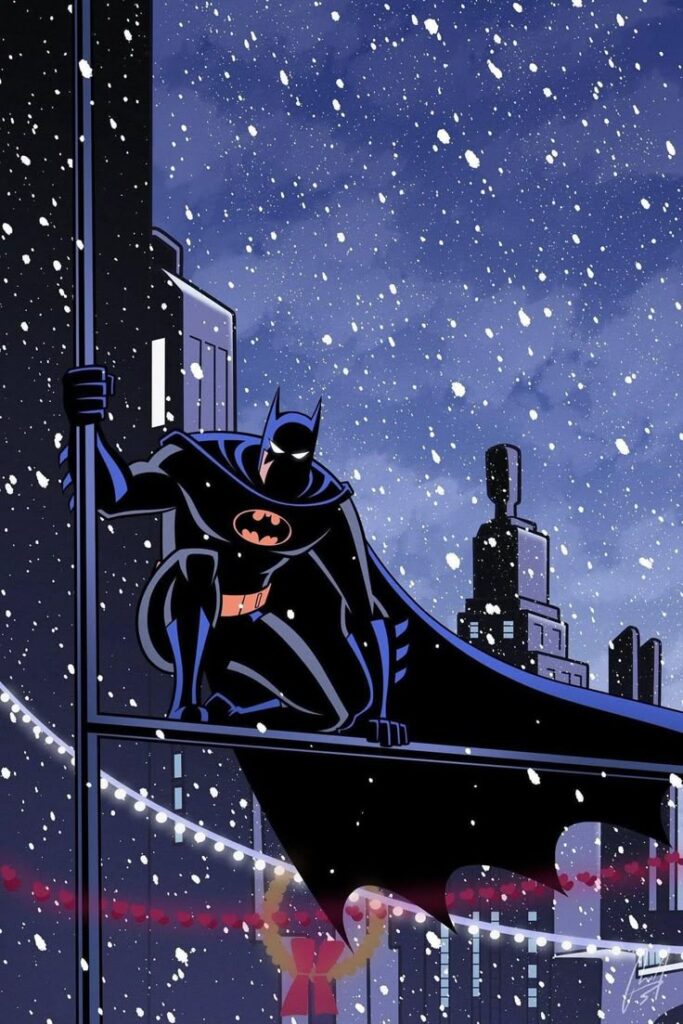 Comic superhero on a snowy rooftop at night, overlooking a cityscape, ready for action.