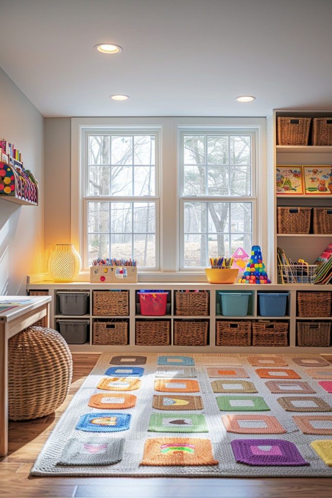 Colorful playroom with educational toys, storage baskets, and a bright, patterned rug under soft natural light.
