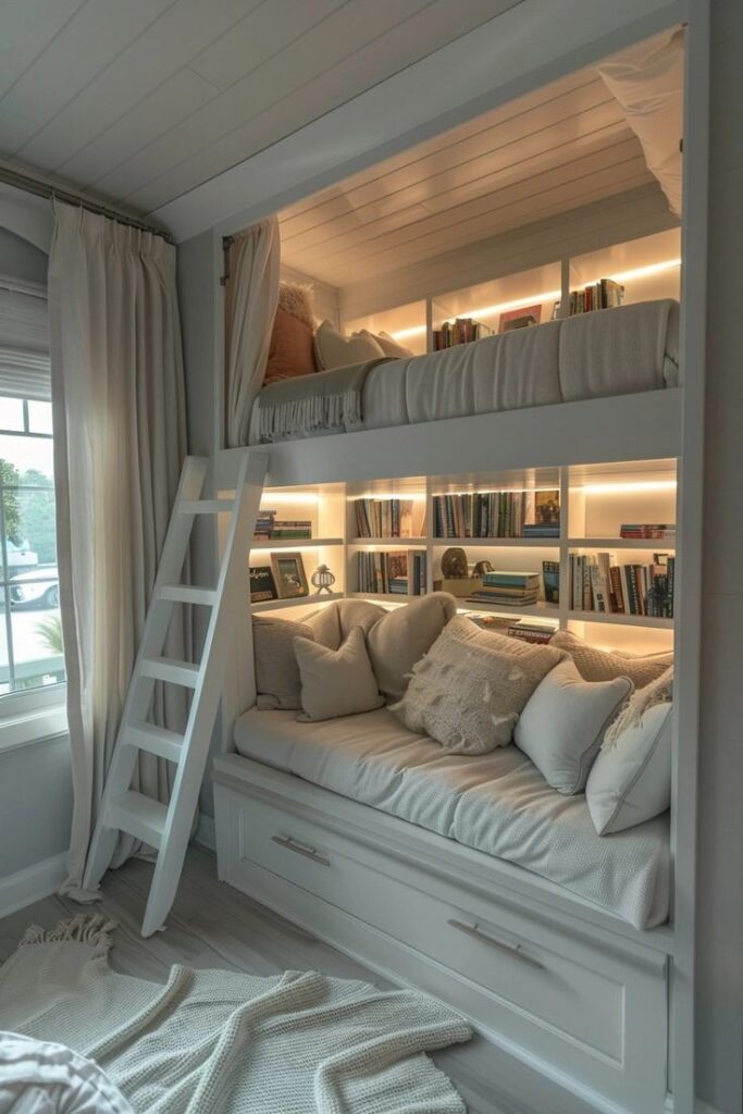 Cozy loft bed with built-in shelves, ladder, and cozy seating area, perfect for small spaces and book lovers.