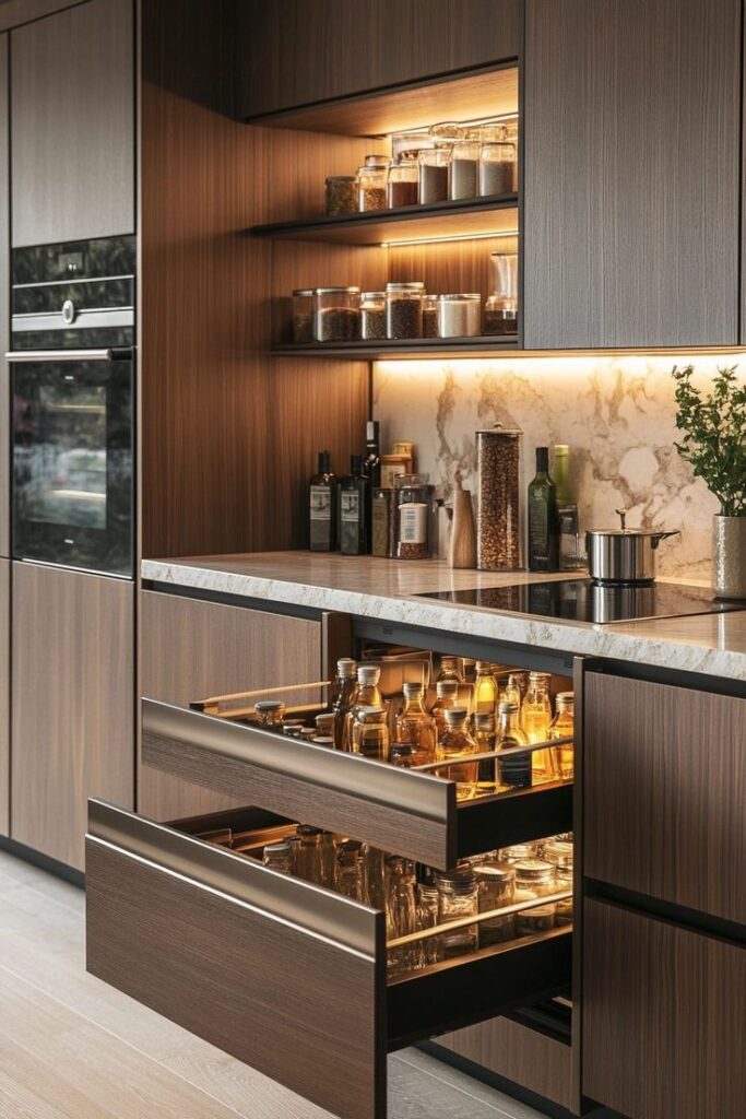 Modern kitchen with open shelves and drawers, showcasing jars and bottles neatly organized under soft lighting.