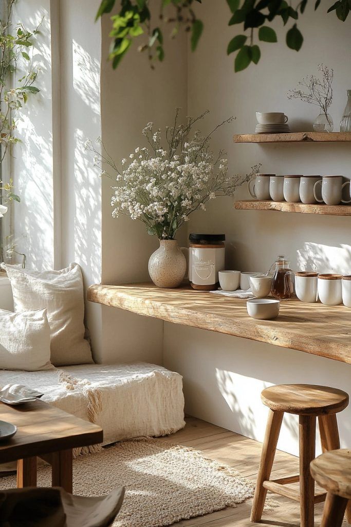 29 Coffee Bar Ideas to Create the Perfect At-Home Café Cozy minimalist kitchen with wooden shelves, white ceramics, and sunlight from a window, featuring a vase with flowers. | Sky Rye Design Cozy minimalist kitchen with wooden shelves, white ceramics, and sunlight from a window, featuring a vase with flowers.