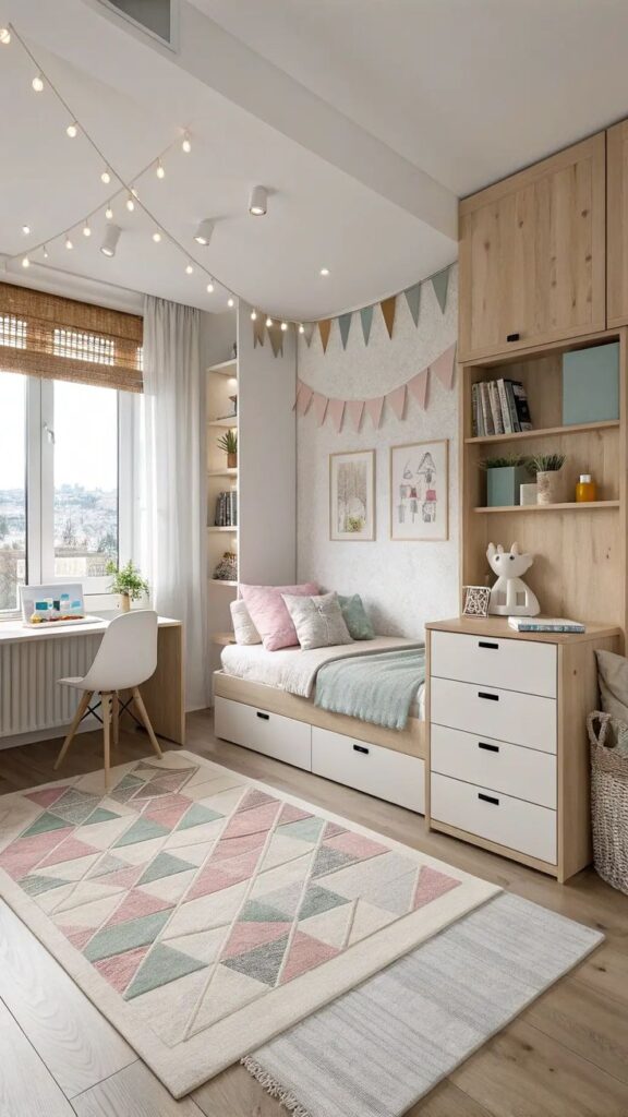 Modern cozy kid's room with pastel decor, string lights, geometric rug, and a bed with pillows and storage drawers.