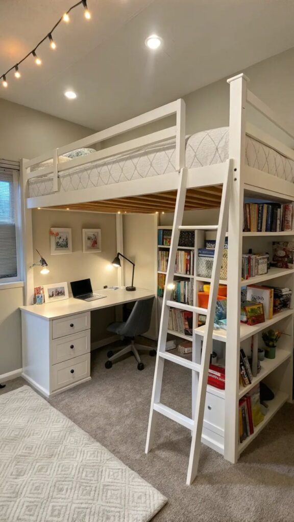 Loft bed with integrated desk and bookshelves in a cozy bedroom setup with string lights.