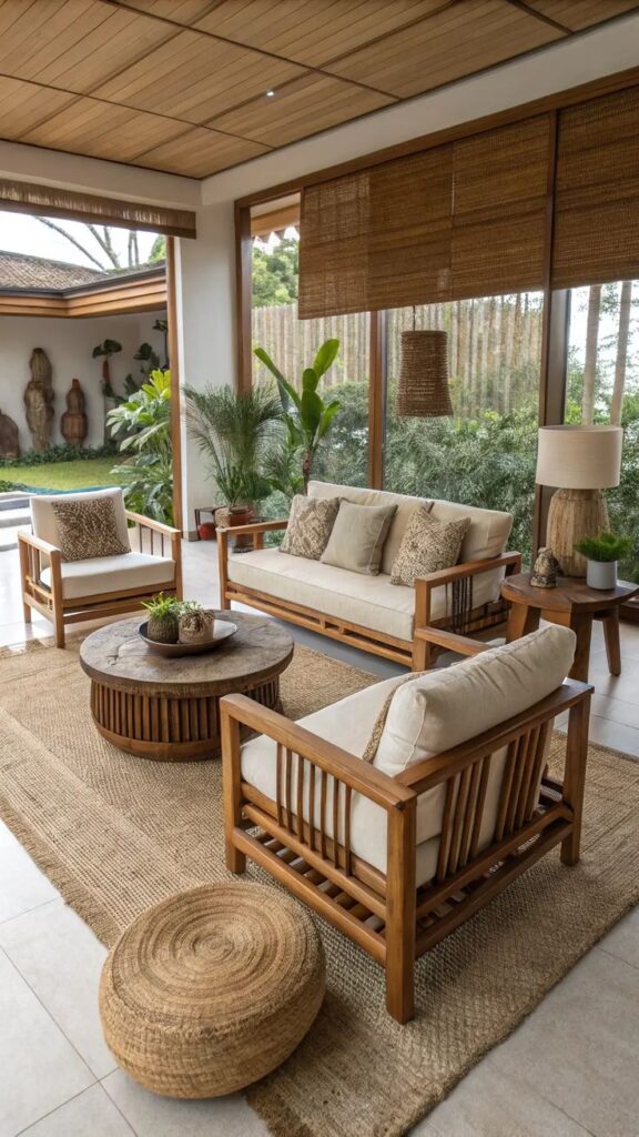 Modern living room with wooden furniture, large windows, and indoor plants for a cozy, natural ambiance.