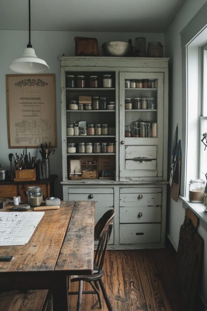 Rustic kitchen with vintage cabinet, wooden table, and pantry essentials in jars, perfect for a cozy homestead feel.