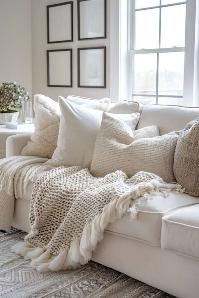 Cozy living room with cream sofa, textured pillows, and soft blankets in natural light.