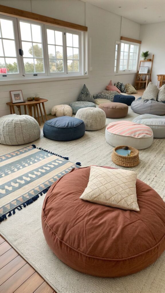 Cozy room with large windows, poufs, and patterned rugs, creating a relaxed seating area with natural light.