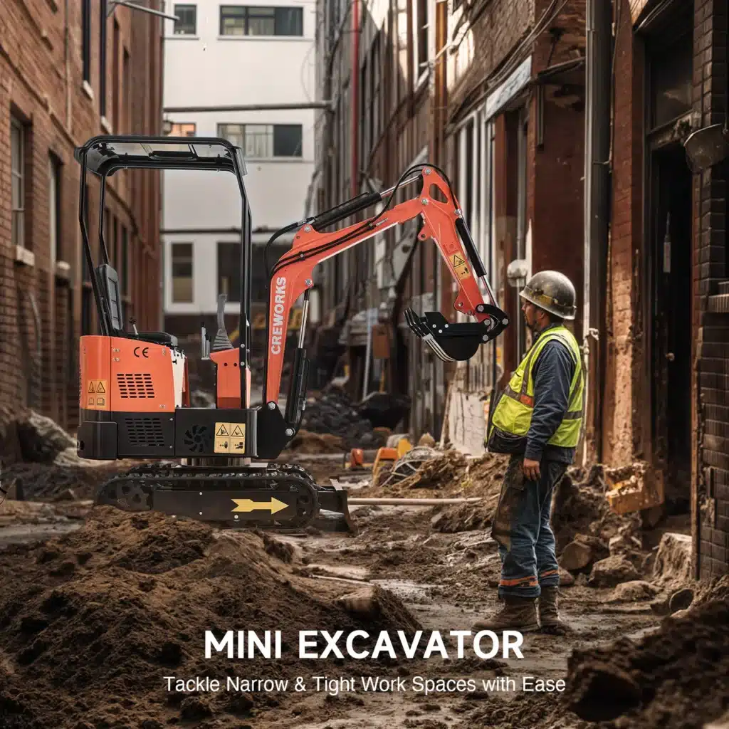 Mini excavator in narrow alleyway with worker, highlighting ease in tight construction spaces.