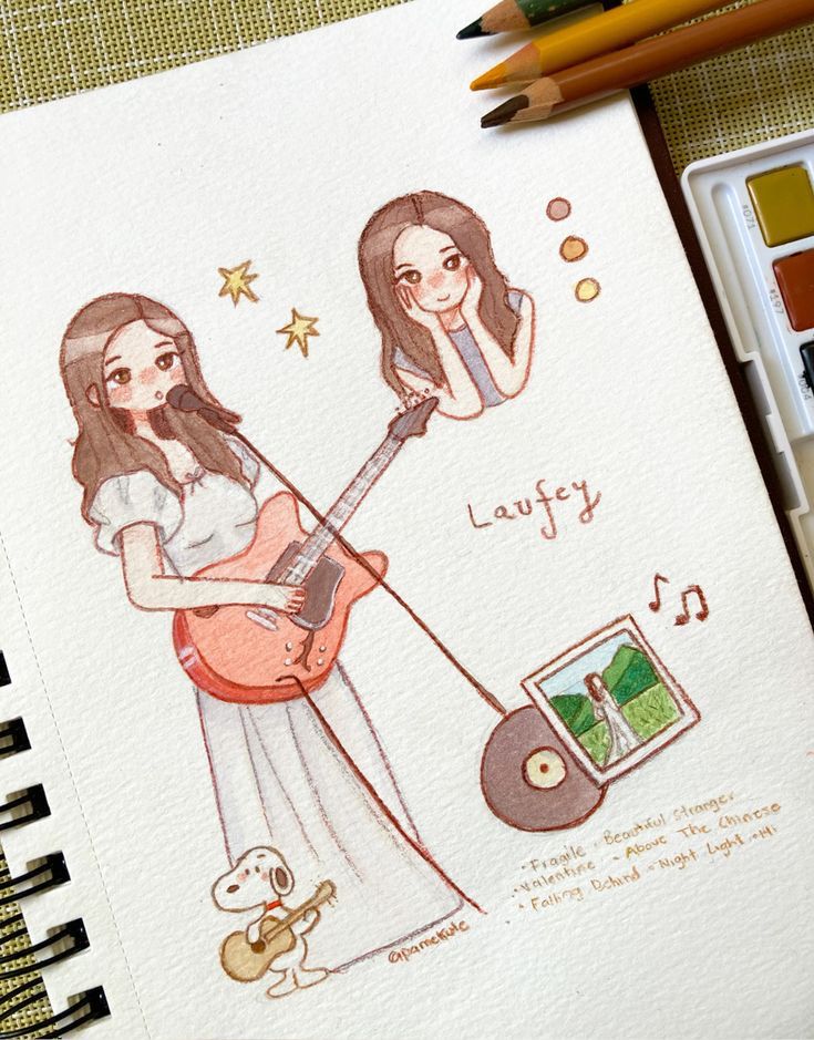 Illustration of a girl with a guitar and sitting pose, music notes, stars, Snoopy, and album art on a notepad.