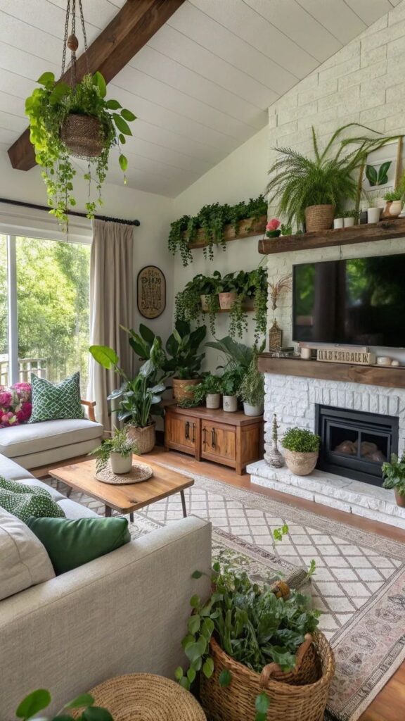 Cozy living room with green plants, white brick fireplace, wooden furniture, and large window with garden view.