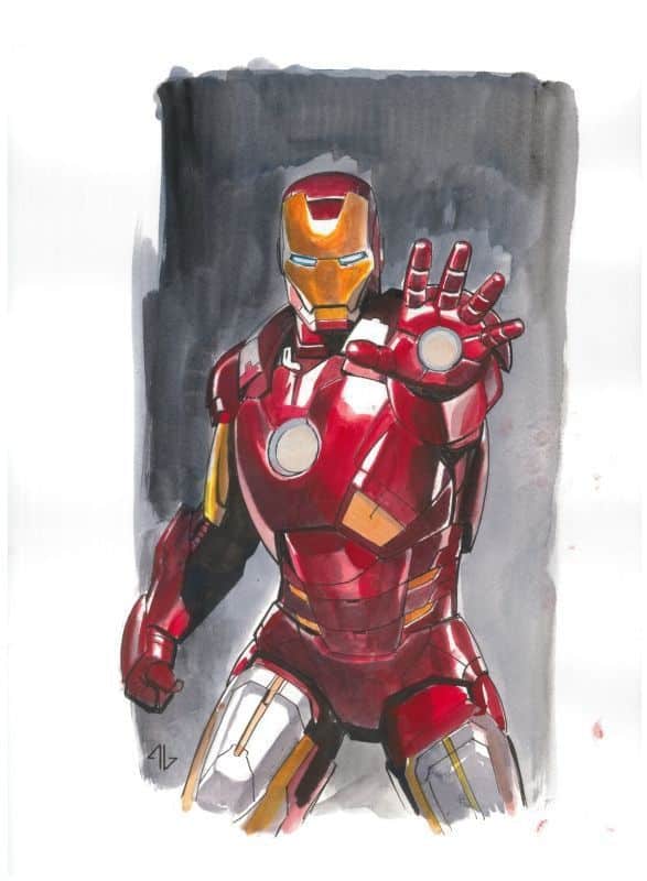 Illustration of a superhero in a red and gold armored suit, raising a hand with glowing details.