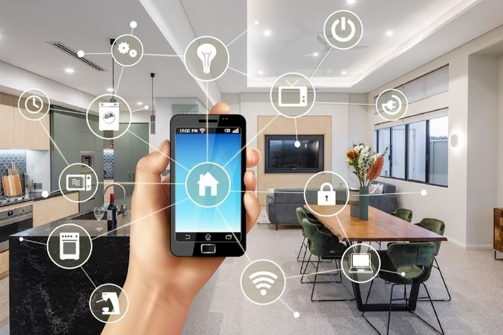 Smart home automation concept with smartphone controlling various household devices.