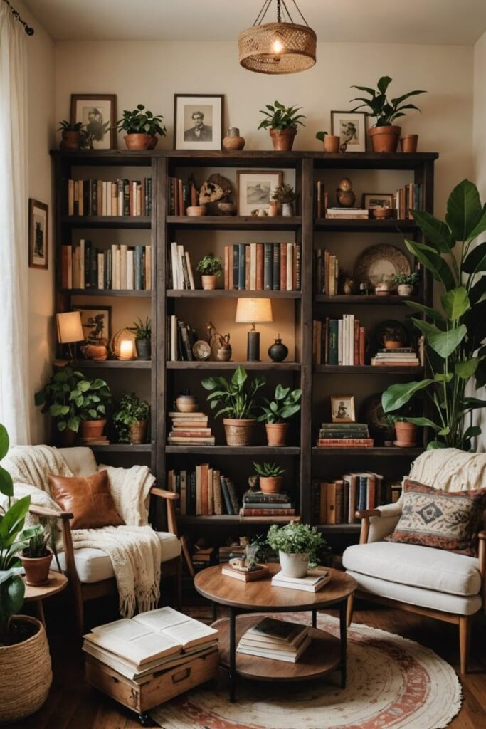 Cozy reading nook with bookshelves, plants, armchairs, and wooden coffee table under a warm ceiling light.