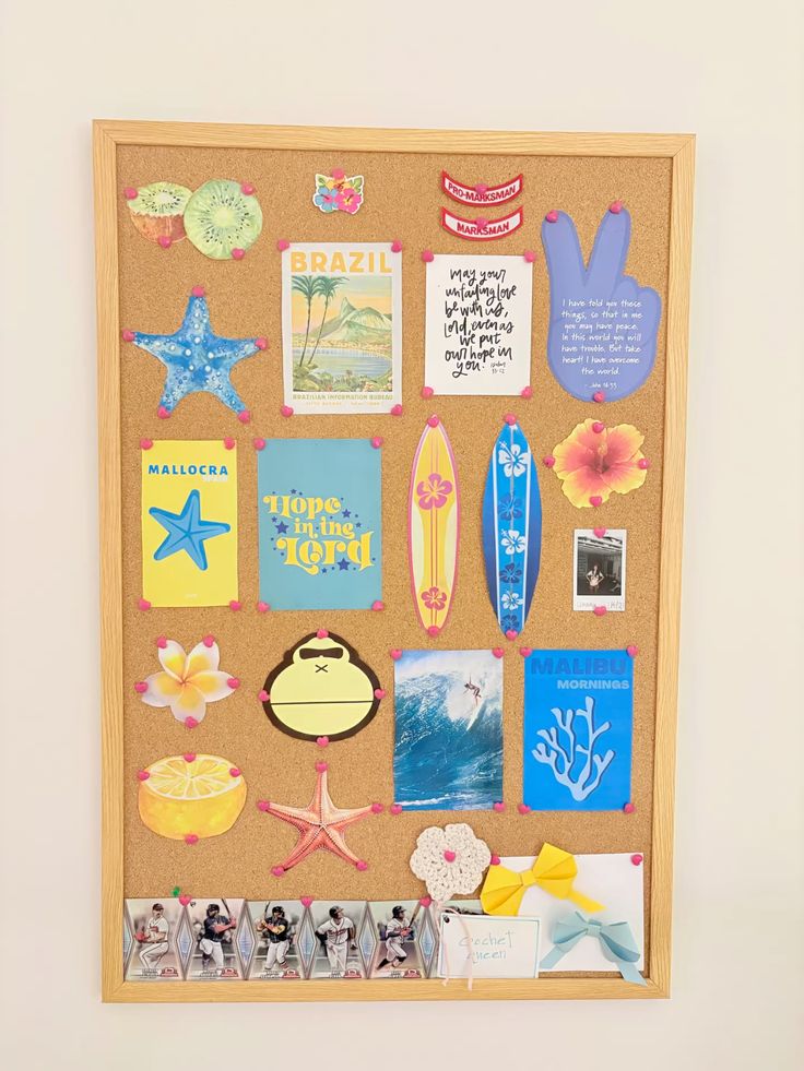 2de4a529-bdca-4420-beb4-8b6abda2734a Bulletin board with tropical and motivational decor, featuring Brazil, surfing images, and colorful accents. | Sky Rye Design Bulletin board with tropical and motivational decor, featuring Brazil, surfing images, and colorful accents.