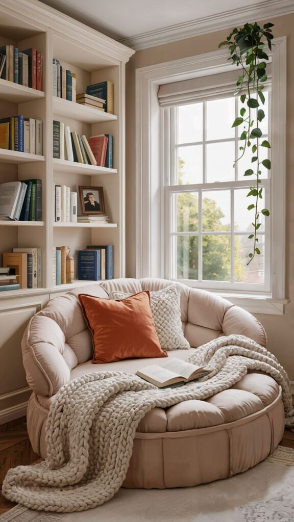 2eca33ef83efca559d9b16cabf1bd83f Cozy reading nook with plush chair, blanket, books, and a window view, perfect for relaxation and comfort. | Sky Rye Design Cozy reading nook with plush chair, blanket, books, and a window view, perfect for relaxation and comfort.