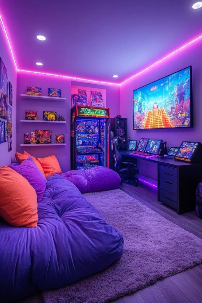 _ 3 Cozy gaming room with neon lights, arcade machine, multiple screens, beanbags, and vibrant decor. | Sky Rye Design Cozy gaming room with neon lights, arcade machine, multiple screens, beanbags, and vibrant decor.