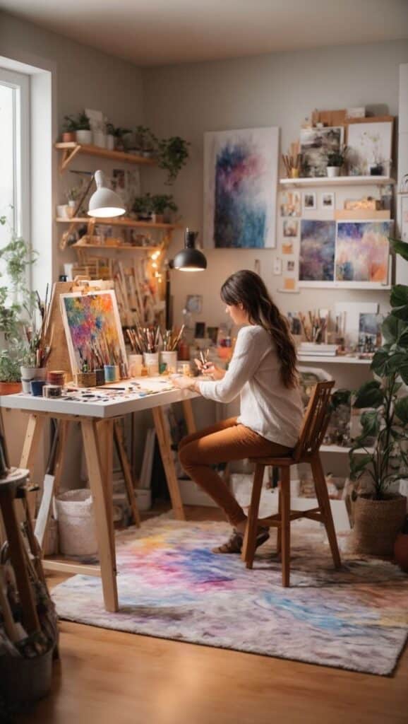Artist painting in a cozy studio filled with colorful artworks and materials.