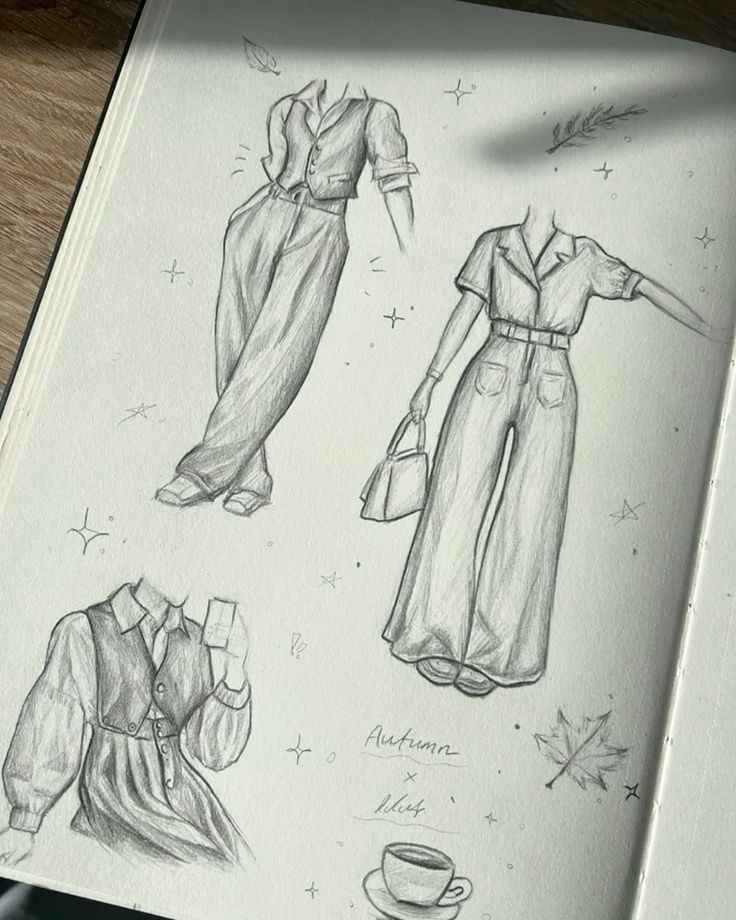 Fashion sketches of autumn outfits, featuring wide-legged pants and long-sleeve dresses, drawn in a sketchbook.