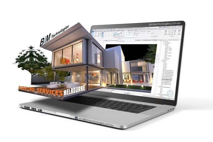 3D architectural design emerging from laptop, showcasing BIM Technologies' modeling services in Melbourne.