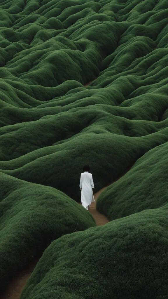 Person in white walks on winding path through lush green hills.