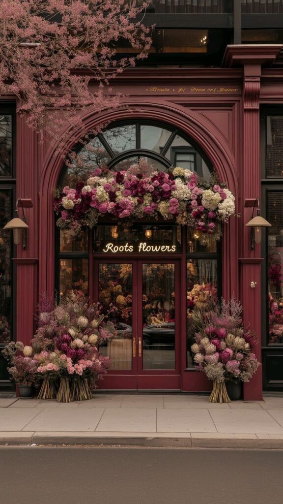 Charming flower shop entrance adorned with vibrant pink and white floral arrangements, brick red facade.