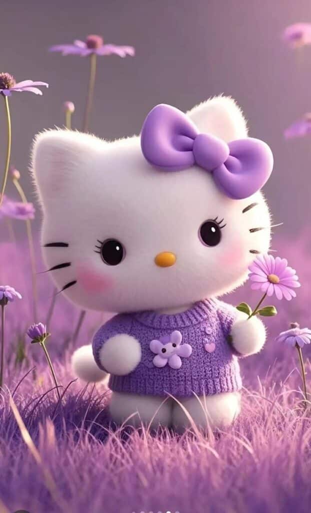Cute cartoon cat with a purple bow and sweater, holding a flower in a lavender field.