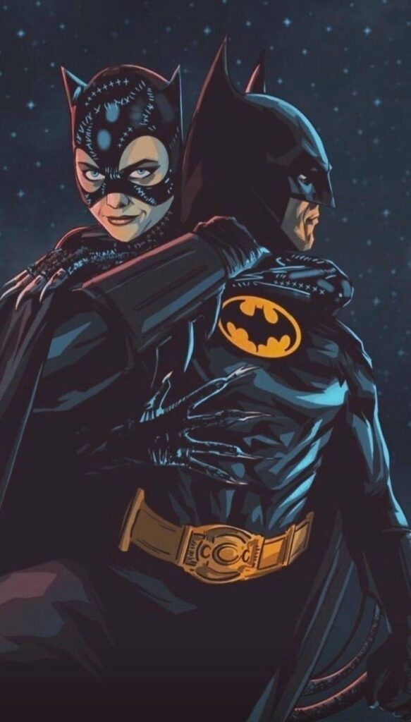 Catwoman embraces Batman under a starry night in a graphic-style illustration.