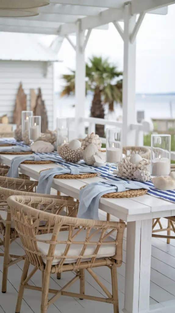 Coastal outdoor dining setup with white table, blue decor, wicker chairs, and sea view.