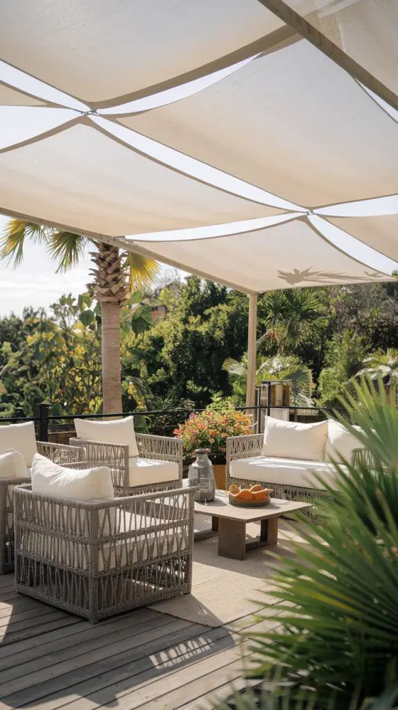 Outdoor patio with wicker seating, cushions, and a sunshade, surrounded by lush greenery.