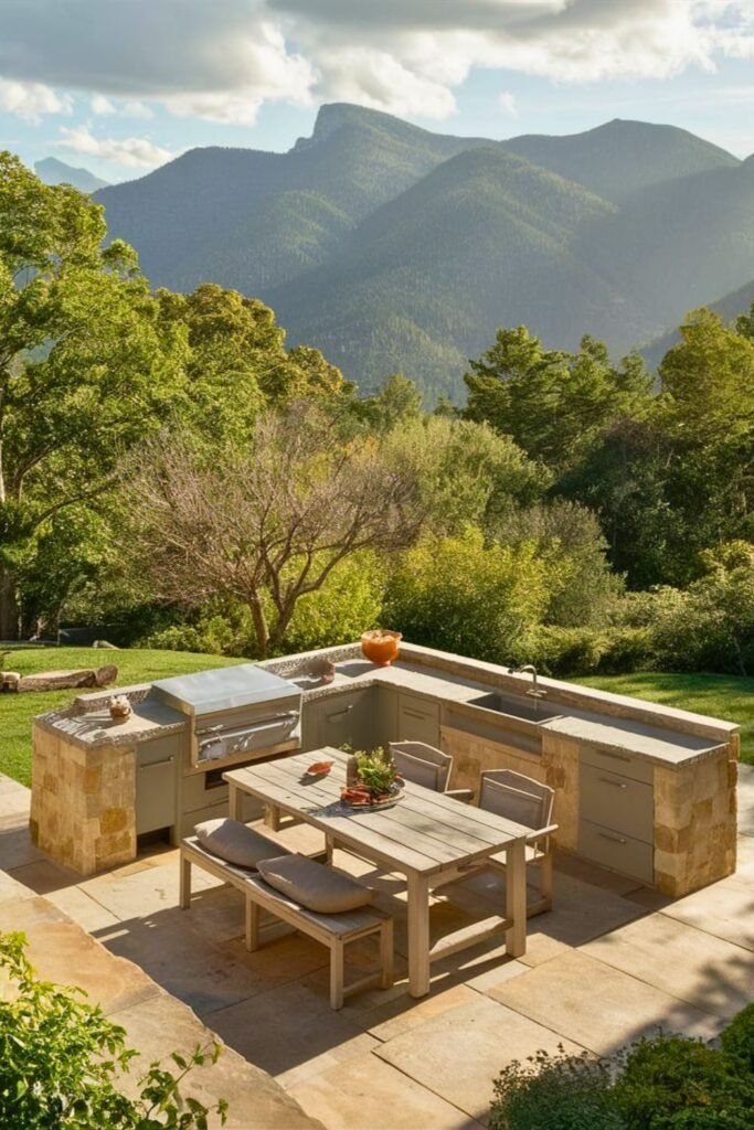Outdoor kitchen with BBQ grill and dining table, set against scenic mountain views and lush greenery.