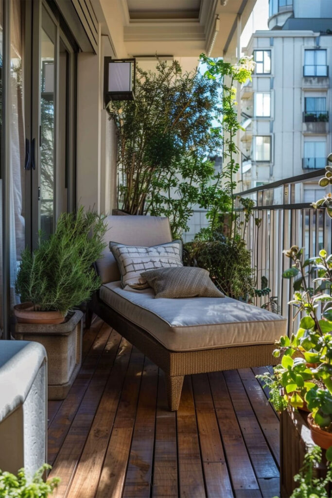 Cozy balcony with wicker chaise lounge, outdoor pillows, and lush green plants on wooden decking. Ideal urban retreat.