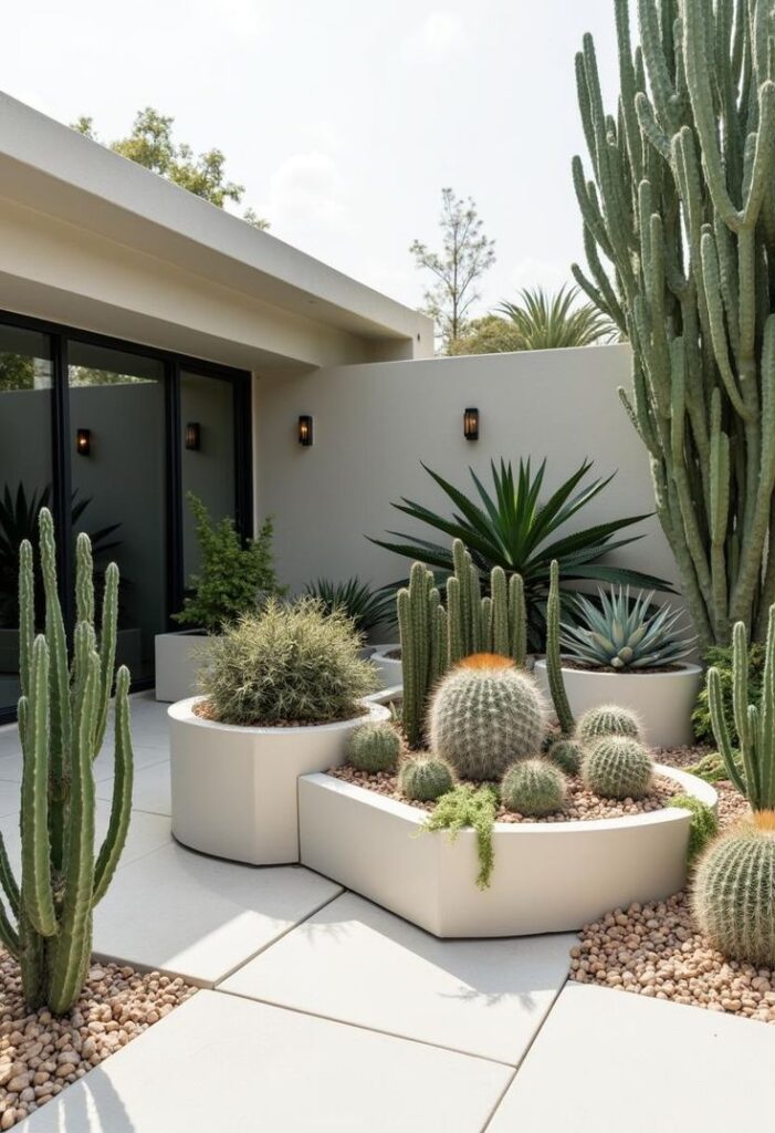 Modern desert garden with diverse cacti and succulents in a stylish courtyard setting.