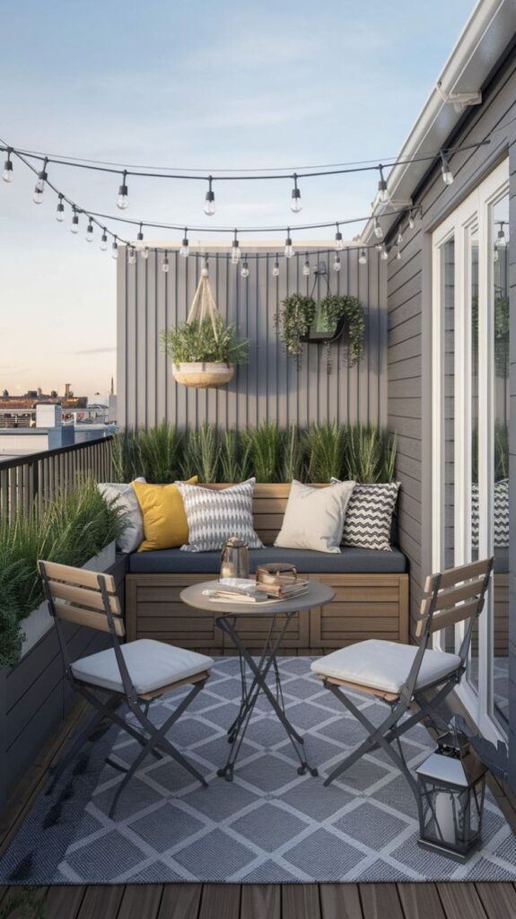 Cozy balcony with string lights, wooden seating, cushions, plants, and small table setup for relaxing at sunset.
