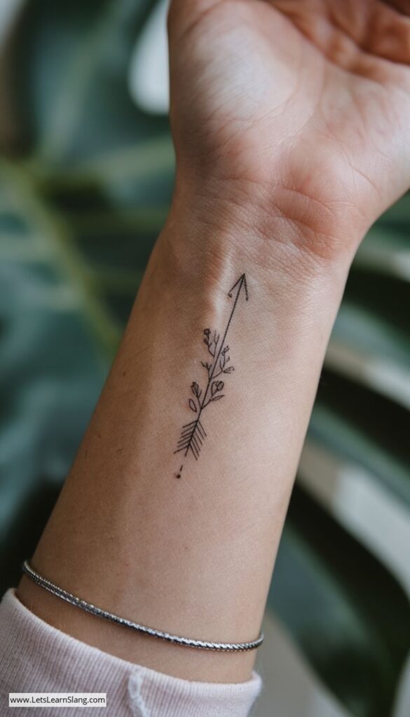 Delicate arrow tattoo with floral design on wrist, minimalistic style against leafy background.