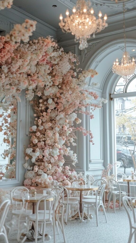 Elegant cafe with floral decor and chandeliers, featuring a pastel flower wall and chic white seating by large arched windows.