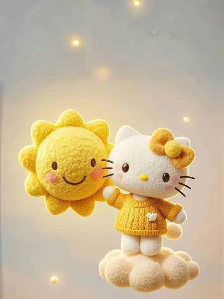 Cute plush cat and smiling sun toys on a fluffy cloud, glowing softly in a dreamy light.