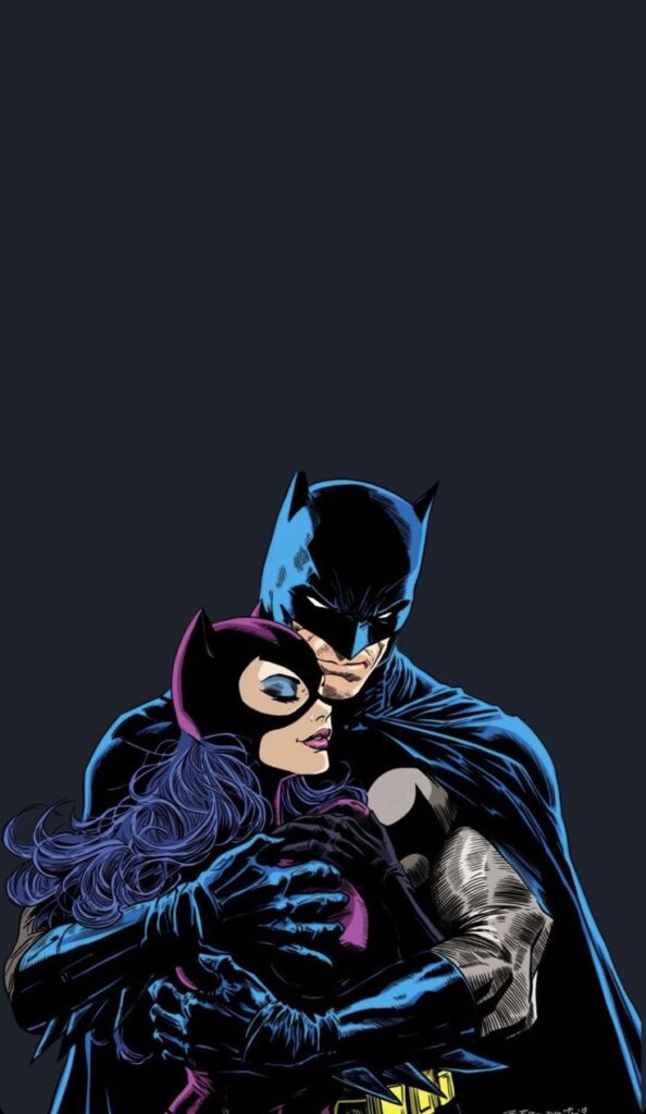 Comic illustration of a superhero couple embracing, wearing masks and capes, against a dark background.