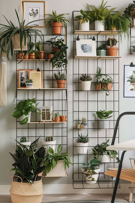 Indoor plants arranged on stylish metal wall racks in a modern living space.