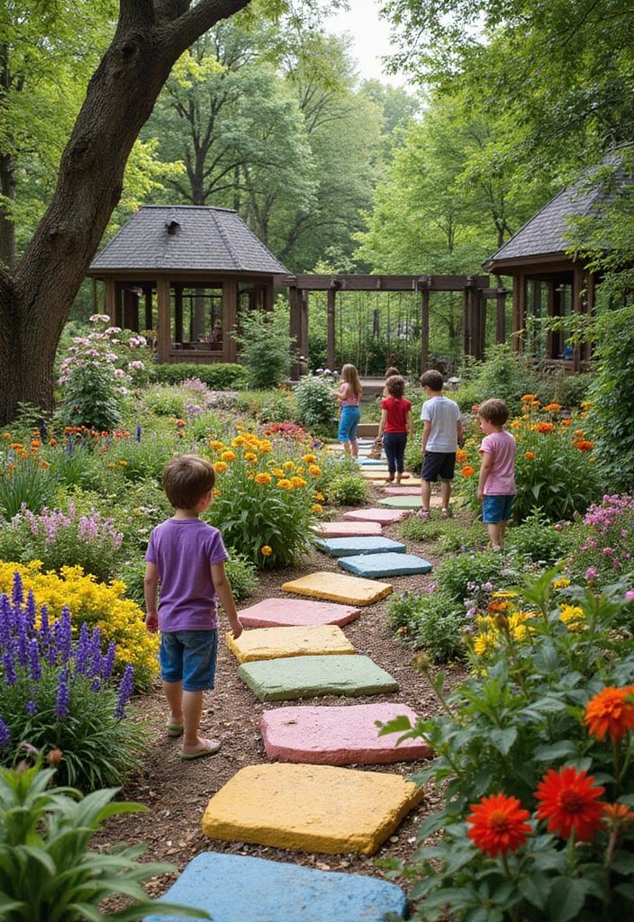 Children walking on colorful stepping stones in a lush garden with vibrant flowers and wooden gazebos.