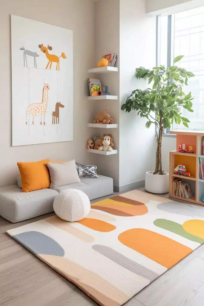 _ 31 Bright, modern children's playroom with colorful decor, large window, and soft seating area. | Sky Rye Design Bright, modern children's playroom with colorful decor, large window, and soft seating area.