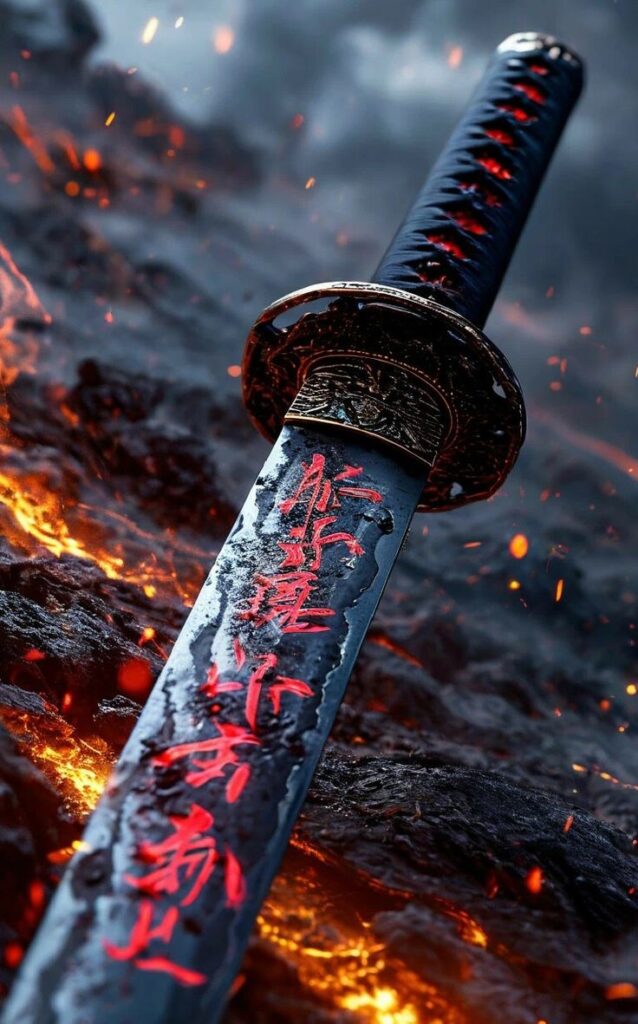 Close-up of a sword with red engravings, set against a dramatic lava and ash background.