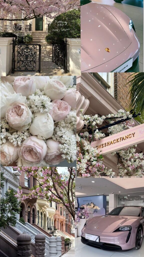 Collage of pink blooms, luxury cars, and elegant Notting Hill architecture for a chic urban aesthetic.