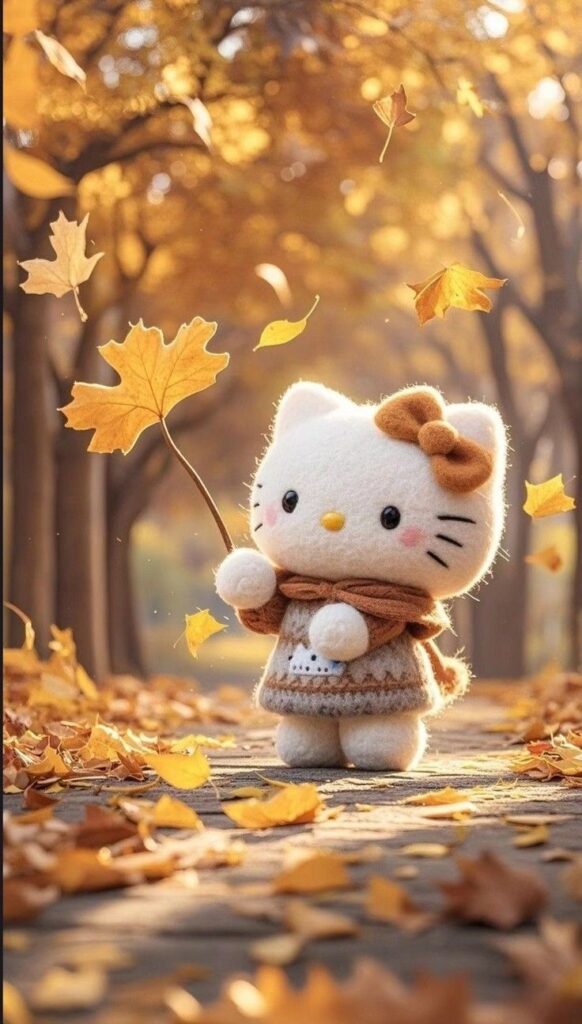 Cute plush cat toy enjoying autumn leaves in a sunlit forest path, wrapped in cozy sweater and scarf.