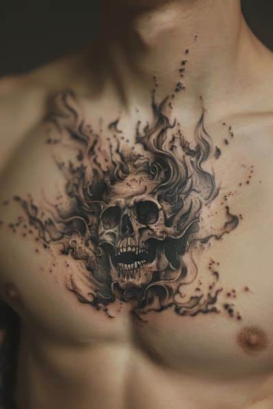 Chest tattoo of a flaming skull with intricate details and shading on a man's muscular torso.
