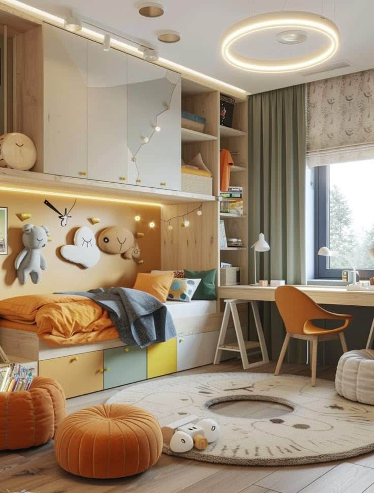 Cozy kids' room with a modern design, featuring a colorful bed, plush toys, study desk, and playful decor.