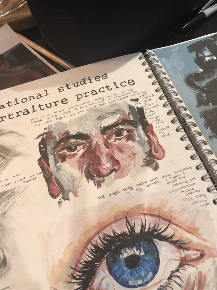 Sketchbook page showing portrait and eye illustrations with notes on artistic studies.