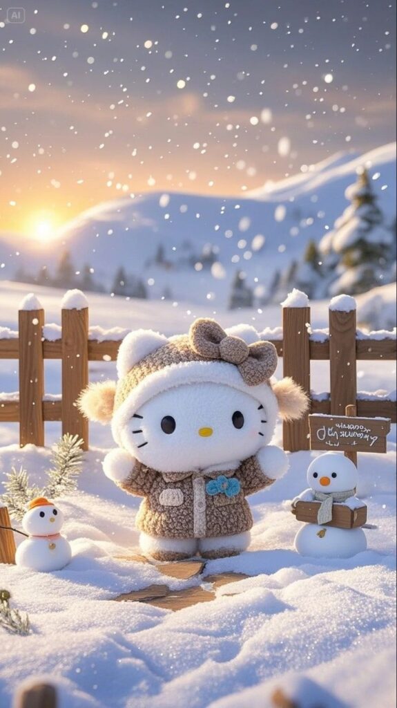 Cute plush kitty in winter clothes with snowman, snowy landscape, sunset sky. Cozy winter scene.