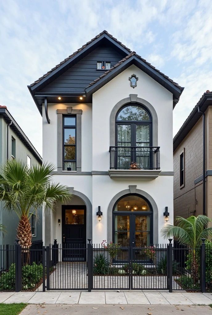 Modern two-story house with arched windows, black fence, and palm trees under a blue sky.